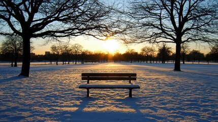 A snowy park at sunset with bare trees and a lone bench casting long shadows on the snow-covered ground.