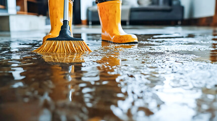 Person in rubber boots mopping a flooded floor, highlighting cleaning and water damage restoration. Concept of flood cleanup, maintenance, and disaster recovery