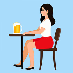 From the series "oktoberfest", girl sitting at a table with a glass of beer,   on isolated light blue background