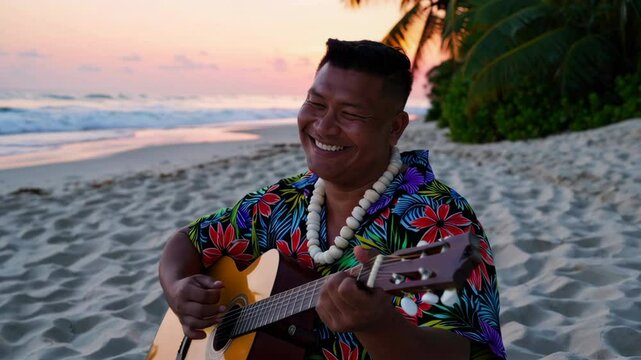 Musician playing acoustic guitar at sunset on a tropical beach