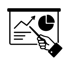Minimalist black and white illustration of a hand pointing at a bar or line graph.