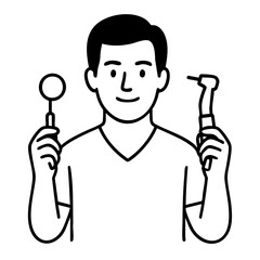 Coloring book style drawing of a dentist with dental tools.