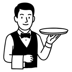 Black and white coloring image of a waiter holding a tray.