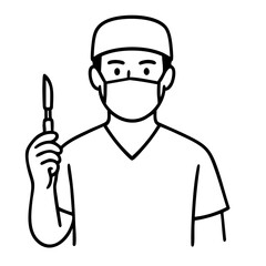 Black and white illustration of a surgeon in scrubs, suitable for a medical-themed coloring book.