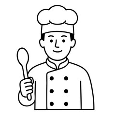Black and white line art of a chef in a cooking uniform, ideal for coloring books.