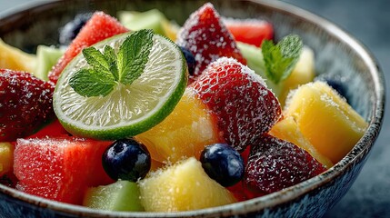 Fruit salad bowl with tropical fruit mix for healthy eating, colorful dish presentation, and summer refreshment