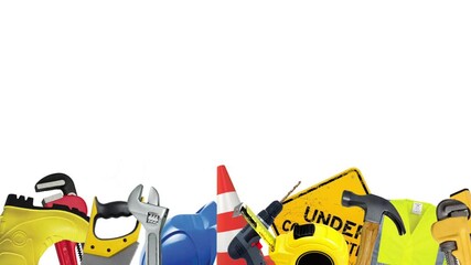 Animated hand tools randomly popping up from the bottom edge on clean white background. Loopable 4K footage for builder concept, DIY theme, mechanic scenes, engineer or labor related graphic designs.