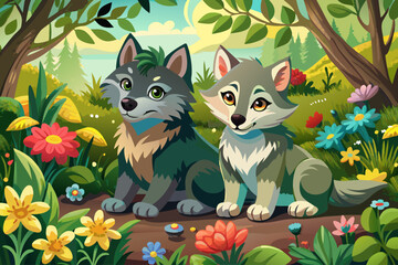 vector of Two adorable wolf cubs resting among flowers in a peaceful forest setting and playful nature...