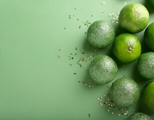 Pale green glitter Lime fruits on pale green background with copy space. Generated image