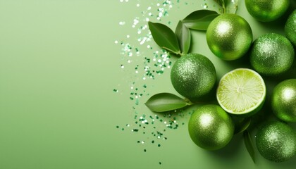 Pale green glitter Lime fruits on pale green background with copy space. Generated image