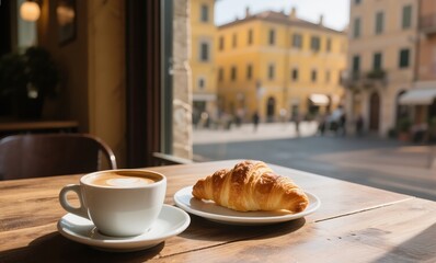 Cozy Morning Coffee with Latte Art and Pastry in Florence, Sunlight Streaming Over Classic Italian Street Café Scene