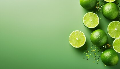 Pale green glitter Lime fruits on pale green background with copy space. Generated image