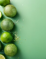 Pale green glitter Lime fruits on pale green background with copy space. Generated image