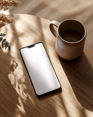 Flat lay of phone and hot beverage on wooden table. Realistic top view photo of a modern smartphone surrounded by a cozy coffee setup, captured in soft natural lighting.