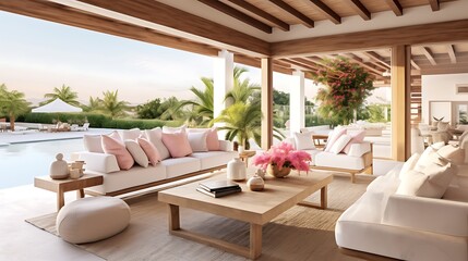 Fototapeta premium Contemporary villa interior seen from a cozy veranda, with pastel-colored sofas, wooden ceiling beams, indoor art pieces, and minimalist coffee tables .