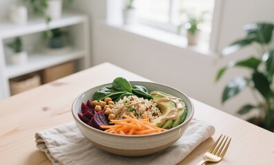 Healthy plant-based bowl served on light wood table with stylish minimal decor and natural tones