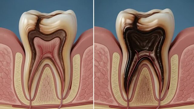Dental health comparison, showing tooth decay progression.