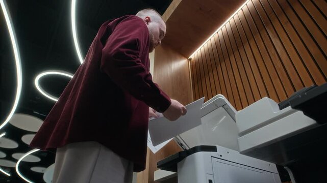 Low angle view of Caucasian male employee making copies of documents while working on modern office space