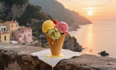 Melting gelato trio in waffle cone on rustic wall overlooking scenic pastel houses of Amalfi