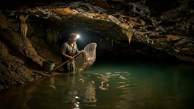 Capturing blind cave fish: A man harvests unique aquatic life in an underground cavern