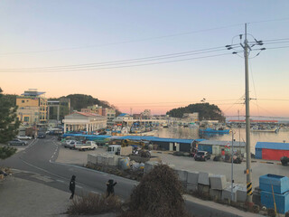 Peaceful Fishing Village Harbor at Sunset in Korea