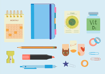 Chancellery set with notes and paper stationery for memos writing and reminders. For productivity, organization, and study related themes.