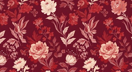 Luxury Seamless Floral Print with Peonies, Roses, and Eucalyptus on Deep Red
