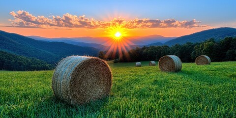A vibrant sunset over rolling hills with round hay bales scattered across a green field in a peaceful rural landscape.