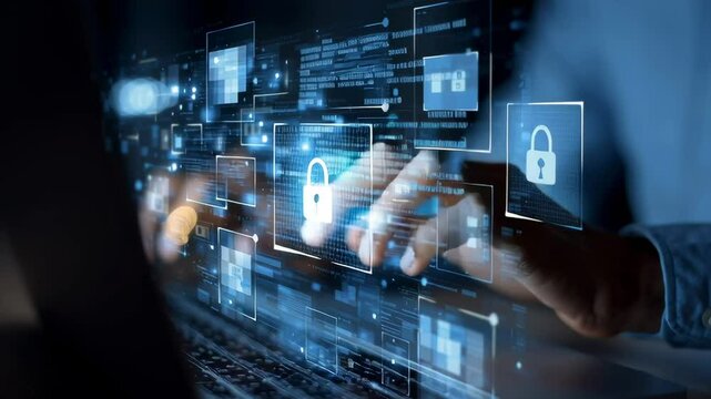 A person is typing on a laptop with a blue screen that has a lock symbol on it. Concept of security and protection, as the person is working on something important or confidential