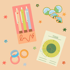 Planner, stationery, pens, tape rolls, sticker badges. For planner themes, journaling, or office organization visuals.