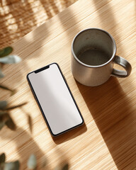 Lifestyle mockup of smartphone and hot drink. Blank phone screen placed near coffee accessories, suitable for clean and modern UI mockup scenes.