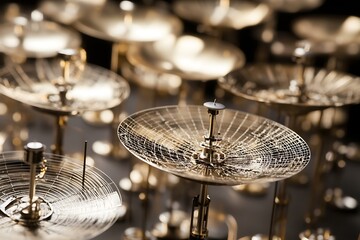 A dollhouse-sized satellite dish array with precise metalwork, each dish adjustable to micron precision 