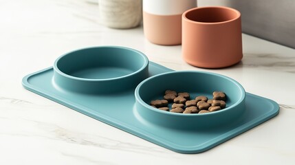Durable silicone mat with non-slip edges designed for pet feeding bowls placed on a modern kitchen counter