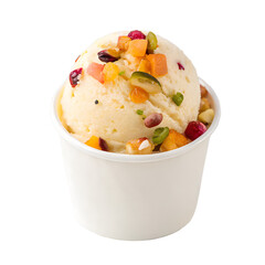Scoop of fruit and nut ice cream in a paper cup isolated on transparent background