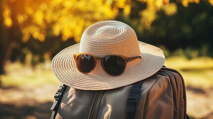 Ready for a sunny adventure with a wide-brimmed hat and sunglasses on a backpack in the park