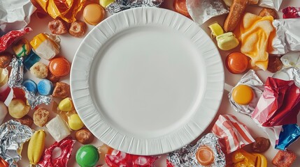 Empty plate surrounded by colorful candy wrappers and discarded junk food evokes post-snack scene