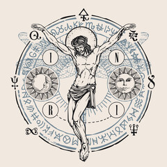 Hand drawn crucifixion of Jesus Christ with alchemical and masonic symbols and dragonfly wings. Vector retro banner on religious theme with encrypted signs written in a circle. T-shirt design. .