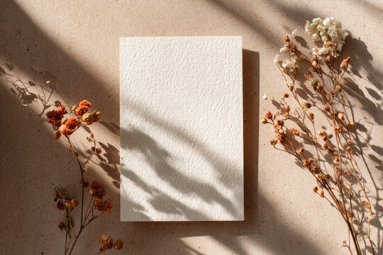 Minimalist aesthetic wedding invitation or postcard template in natural earthy colors, blank white textured paper card mockup on taupe brown table background with floral sunlight shadows, flat lay