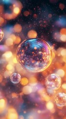 Floating Spheres with Colorful Lights and Glittering Particles Background