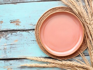 Rustic Pink Plate Wheat Tabletop Still Life Photography