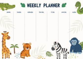 Childrens weekly planner with cute jungle animals, giraffe, tiger, zebra, crocodile, snake, and gorilla. For kids design and educational use.