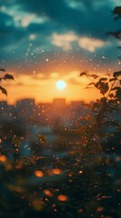Golden Sunset Glow Over City Through Leaves with Rain