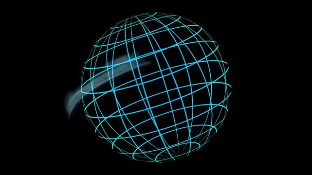 A rotating wireframe globe with letters network appearing and disappearing light blue