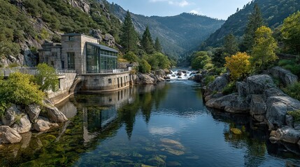 Fototapeta premium Hydroelectric power plant integrated with nature representing clean energy, renewable resources, and modern technology