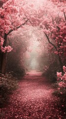 Walking Path Covered in Pink Petals Under Blooming Trees