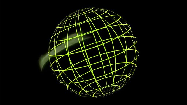 A rotating wireframe globe with letters network appearing and disappearing yellow