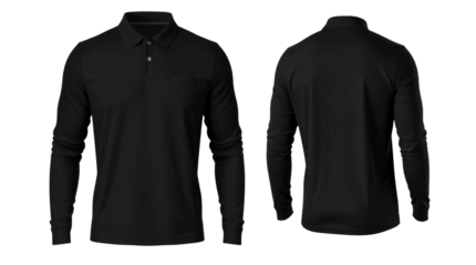 Black long sleeve Polo t-shirt in front and back view, mockup isolated on transparent background