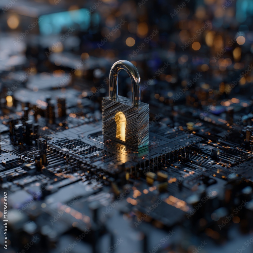 Fototapete digital lock on circuit board representing cybersecurity and data protection in modern technology