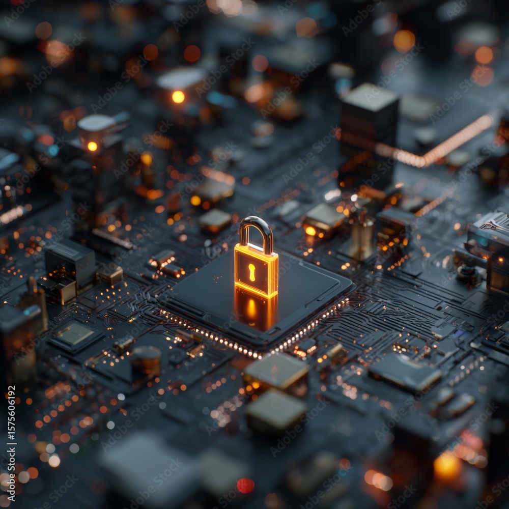 Aufkleber High-tech digital circuit board with glowing padlock symbol representing cybersecurity and data protection concepts