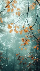 Autumn Leaves in Misty Forest Serene Nature Scene